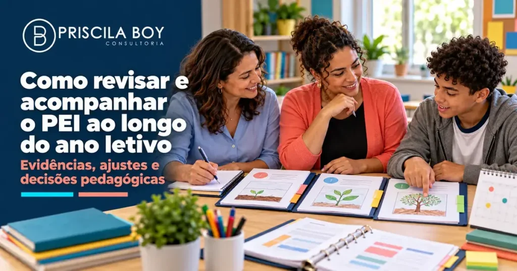 Estudante e equipe pedagógica comparam produções de diferentes momentos durante a revisão e o acompanhamento do PEI.