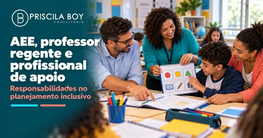 Professor regente, professora do AEE e profissional de apoio colaboram com um estudante durante uma atividade inclusiva.