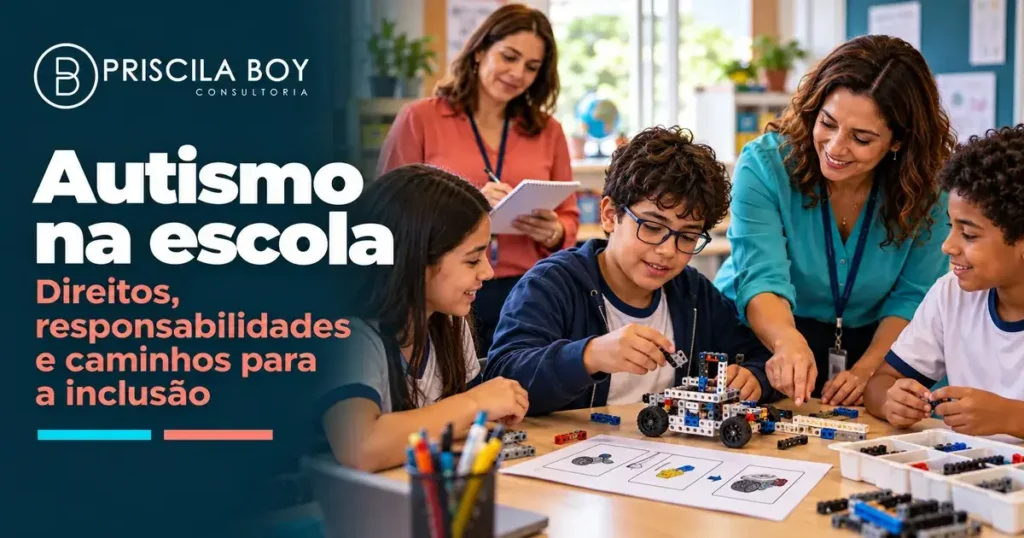 Estudante autista participa com colegas de uma atividade de robótica, com apoio visual e acompanhamento da equipe escolar.
