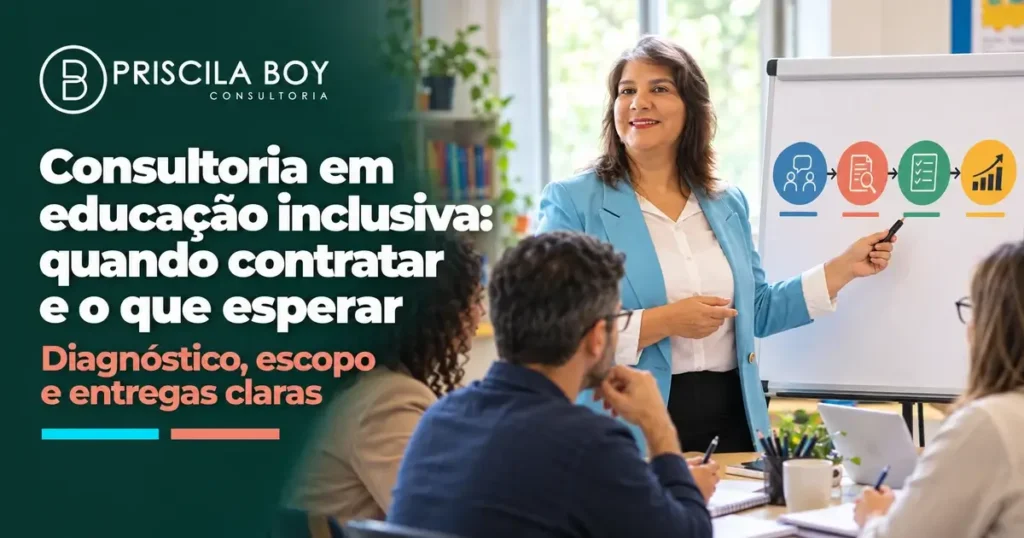 Priscila Boy apresentando um plano de consultoria em educação inclusiva para gestores escolares