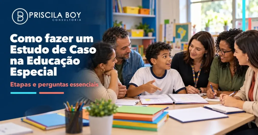 Estudante, familiares e equipe pedagógica conversam sobre atividades escolares durante uma reunião de Estudo de Caso.