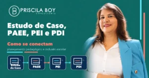 Capa com Priscila Boy ao lado de quatro documentos conectados representando Estudo de Caso, PAEE, PEI e PDI.