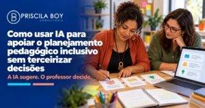 Professora usando IA no planejamento pedagógico inclusivo em seu computador