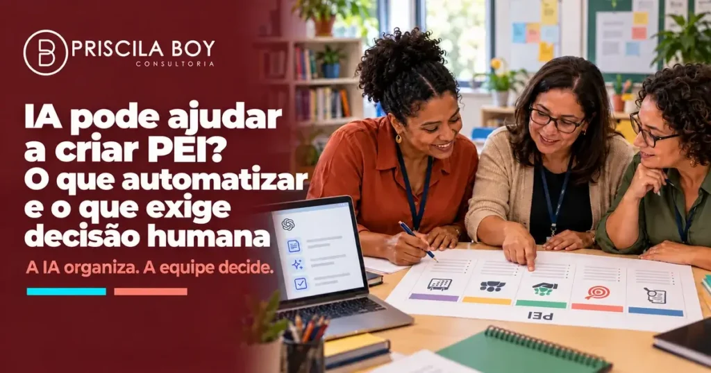 Educadoras revisando um PEI com apoio de inteligência artificial no computador