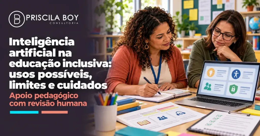 Professora usando inteligência artificial na educação inclusiva para planejar uma atividade