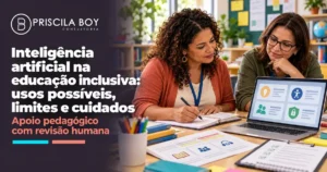 Professora usando inteligência artificial na educação inclusiva para planejar uma atividade