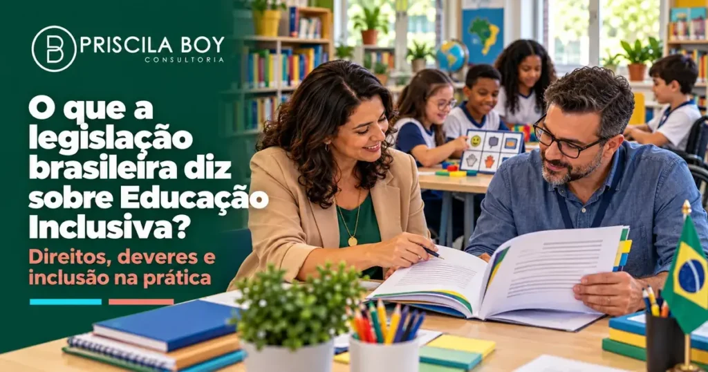 Educadores consultam diretrizes sobre Educação Inclusiva enquanto estudantes participam de uma atividade acessível em sala de aula.