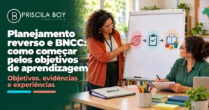 Educadoras organizando objetivos, evidências e experiências de aprendizagem em planejamento reverso alinhado à BNCC.